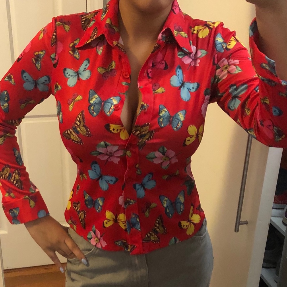 Multi-Colored Butterfly Printed Long Sleeve Blouse